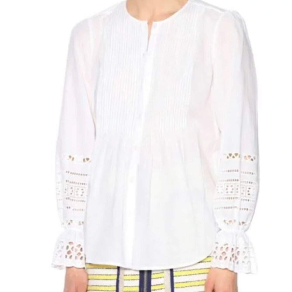 Veronica Beard Milli White Long Eyelet Sleeve Button Up Collarless Blouse NWT